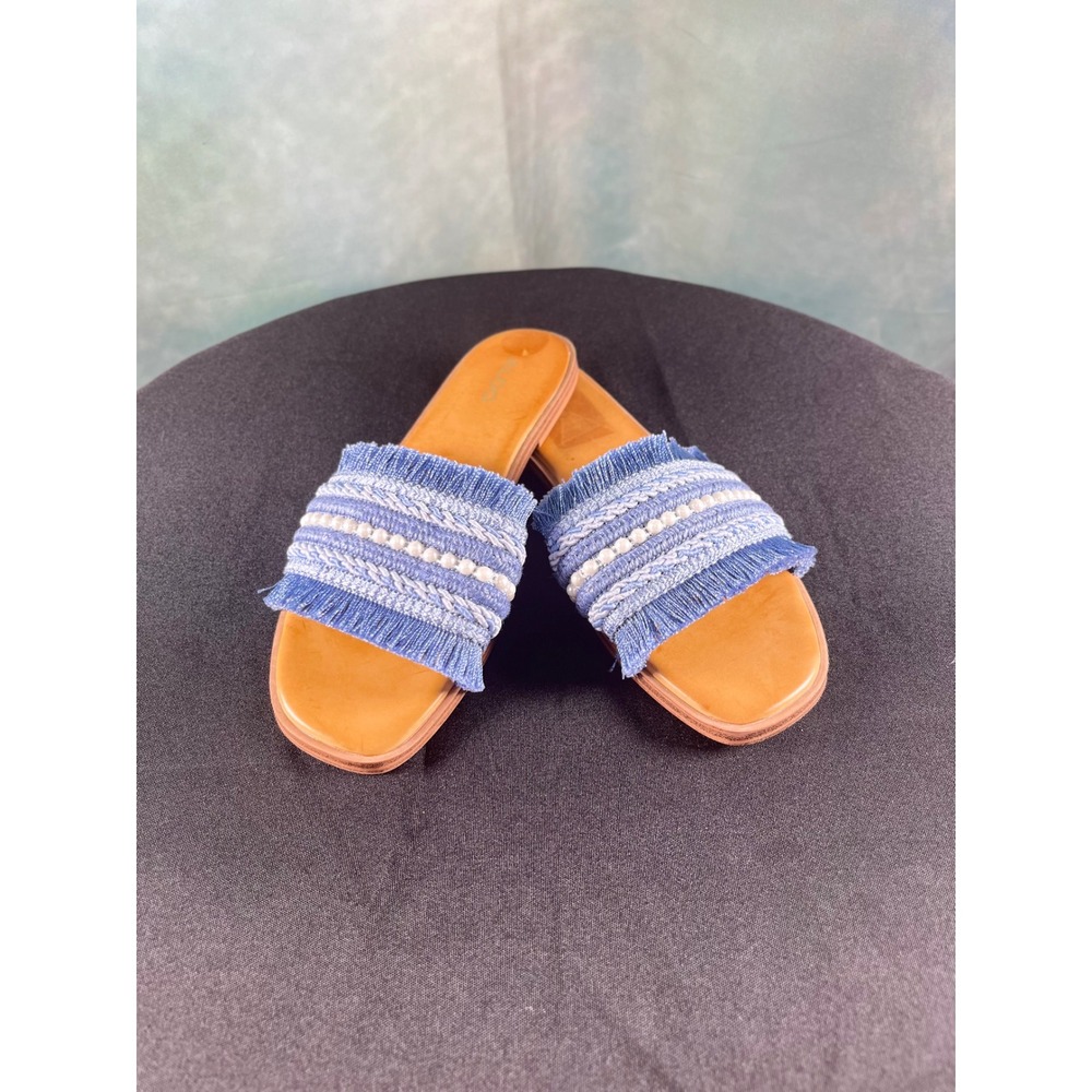 Aldo Womens Blue Denim Fringed Pearl Slide Sandals Size 8 Boho Flat Summer Shoes